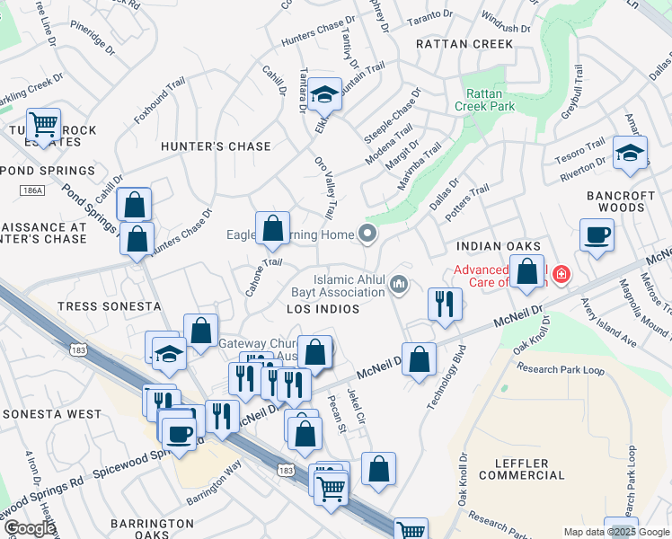 map of restaurants, bars, coffee shops, grocery stores, and more near 12401 Los Indios Trail in Austin