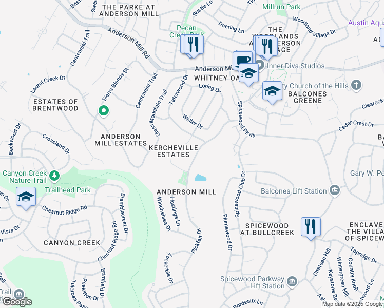 map of restaurants, bars, coffee shops, grocery stores, and more near 11106 Pickfair Drive in Austin
