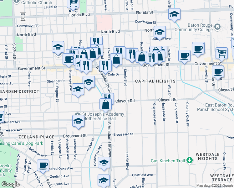 map of restaurants, bars, coffee shops, grocery stores, and more near 824 Florence Street in Baton Rouge