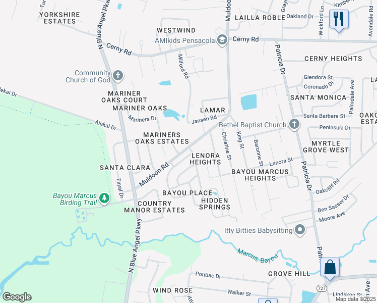 map of restaurants, bars, coffee shops, grocery stores, and more near 7902 Cayenne Way in Pensacola