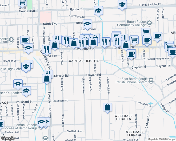 map of restaurants, bars, coffee shops, grocery stores, and more near 832 Ingleside Drive in Baton Rouge