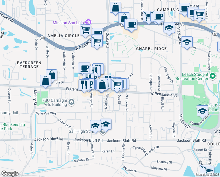 map of restaurants, bars, coffee shops, grocery stores, and more near 1944 West Pensacola Street in Tallahassee