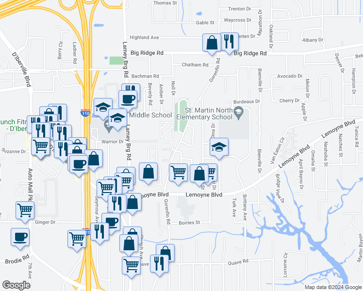 map of restaurants, bars, coffee shops, grocery stores, and more near 620 Orchard Drive in D'Iberville