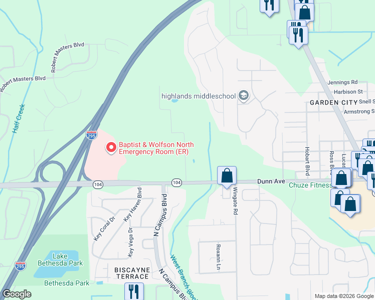 map of restaurants, bars, coffee shops, grocery stores, and more near 11327 Wingate Road North in Jacksonville