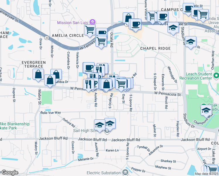 map of restaurants, bars, coffee shops, grocery stores, and more near 2008 West Pensacola Street in Tallahassee
