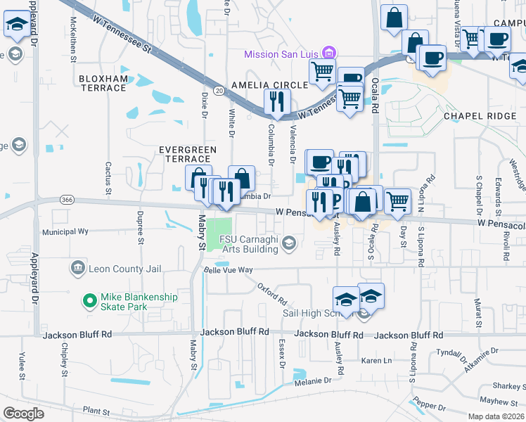 map of restaurants, bars, coffee shops, grocery stores, and more near 2210 West Pensacola Street in Tallahassee