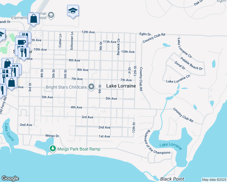 map of restaurants, bars, coffee shops, grocery stores, and more near 40 10th Street in Shalimar