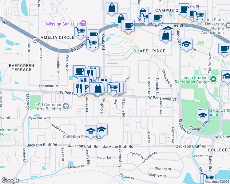 map of restaurants, bars, coffee shops, grocery stores, and more near 1924 West Pensacola Street in Tallahassee