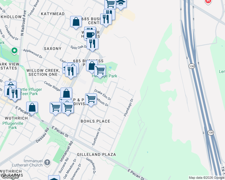 map of restaurants, bars, coffee shops, grocery stores, and more near 810 Sunflower Drive in Pflugerville