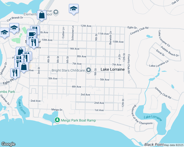 map of restaurants, bars, coffee shops, grocery stores, and more near 90 6th Avenue in Shalimar
