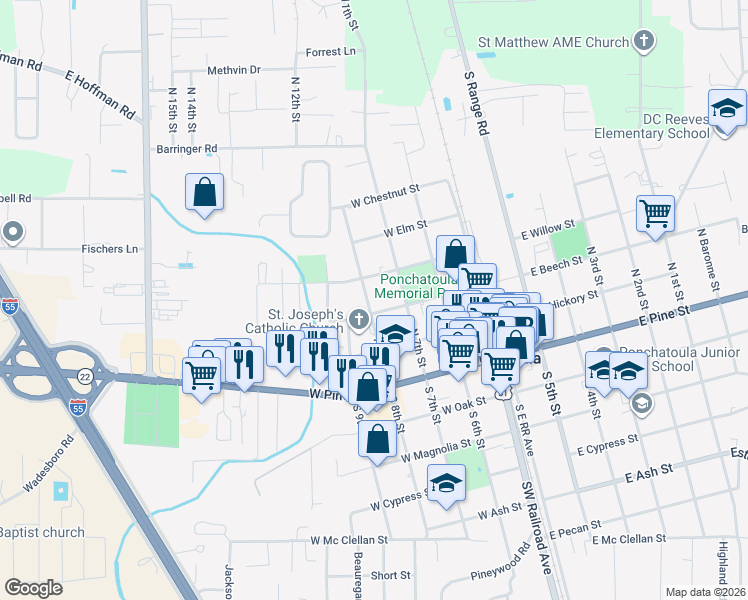 map of restaurants, bars, coffee shops, grocery stores, and more near 380 West Beech Street in Ponchatoula