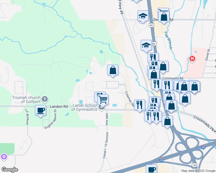 map of restaurants, bars, coffee shops, grocery stores, and more near 16078 South April Drive in Gulfport