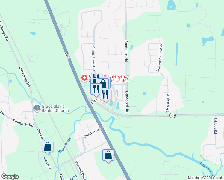 map of restaurants, bars, coffee shops, grocery stores, and more near 11352 Rolling River Boulevard in Jacksonville