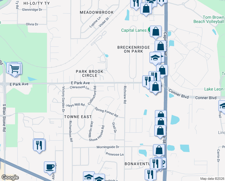 map of restaurants, bars, coffee shops, grocery stores, and more near 124 Meeting Street Drive in Tallahassee