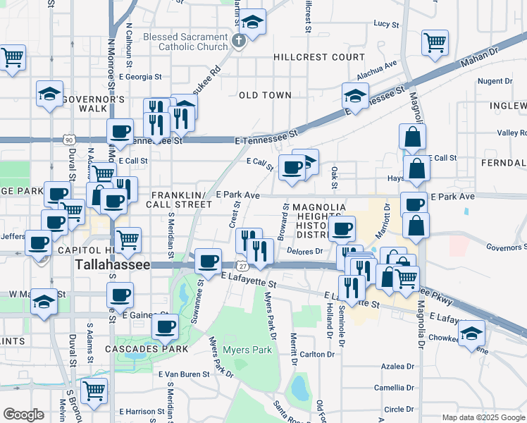 map of restaurants, bars, coffee shops, grocery stores, and more near 724 East College Avenue in Tallahassee