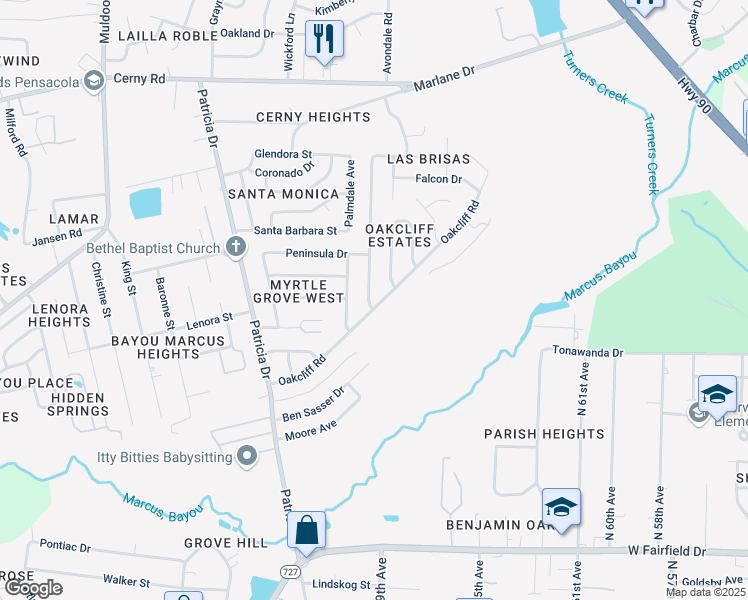 map of restaurants, bars, coffee shops, grocery stores, and more near 6930 Oakcliff Road in Pensacola