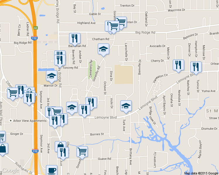map of restaurants, bars, coffee shops, grocery stores, and more near 608 Dina Dr in D'Iberville
