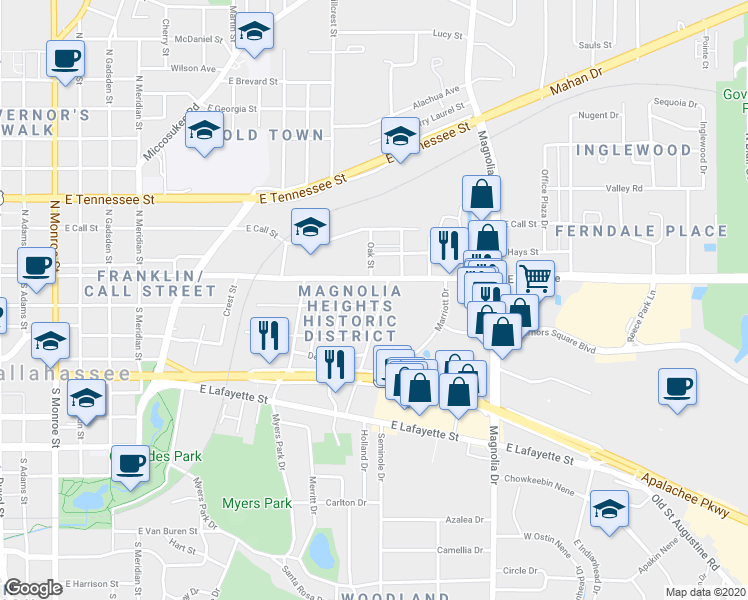 map of restaurants, bars, coffee shops, grocery stores, and more near 909 East Park Avenue in Tallahassee
