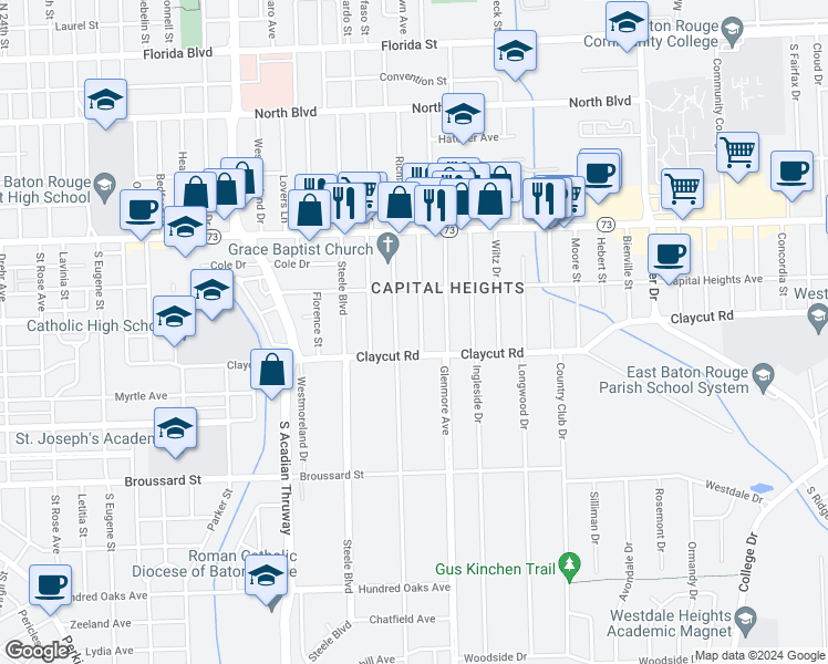 map of restaurants, bars, coffee shops, grocery stores, and more near 826 Edison Street in Baton Rouge