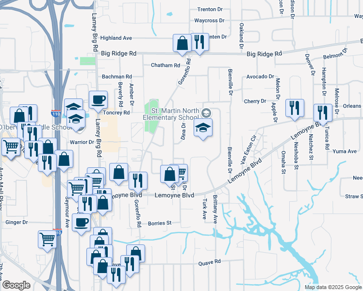map of restaurants, bars, coffee shops, grocery stores, and more near 608 Dina Drive in D'Iberville