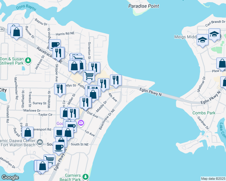 map of restaurants, bars, coffee shops, grocery stores, and more near 713 Eglin Parkway Northeast in Fort Walton Beach