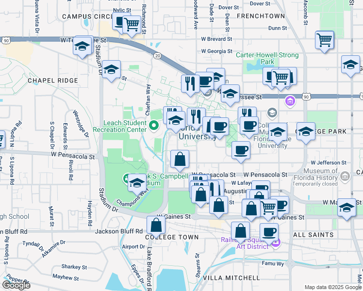 map of restaurants, bars, coffee shops, grocery stores, and more near 942 Learning Way in Tallahassee