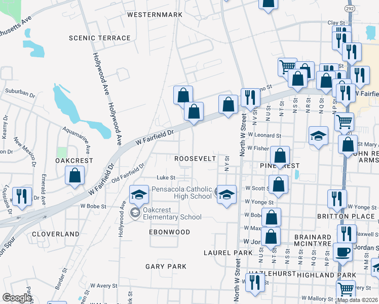 map of restaurants, bars, coffee shops, grocery stores, and more near 2923 Mission Road in Pensacola