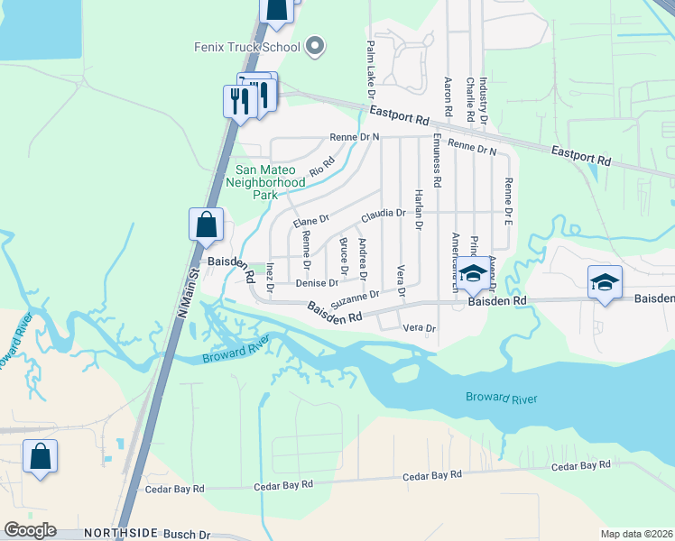 map of restaurants, bars, coffee shops, grocery stores, and more near 11256 Bruce Drive in Jacksonville