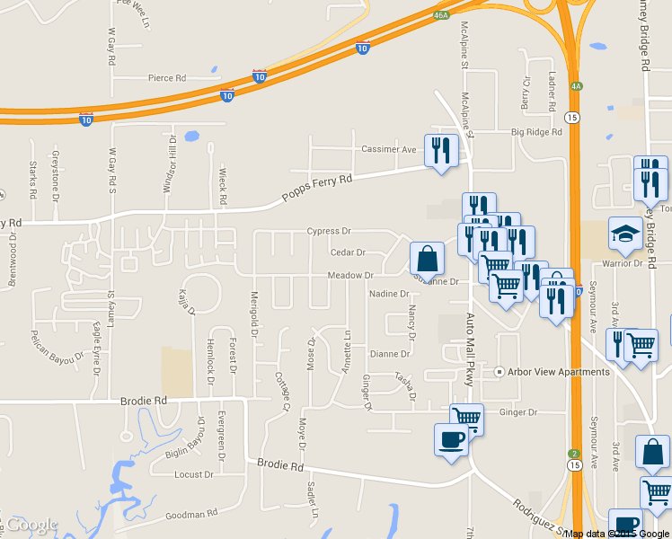 map of restaurants, bars, coffee shops, grocery stores, and more near 630 Meadow Dr in D'Iberville