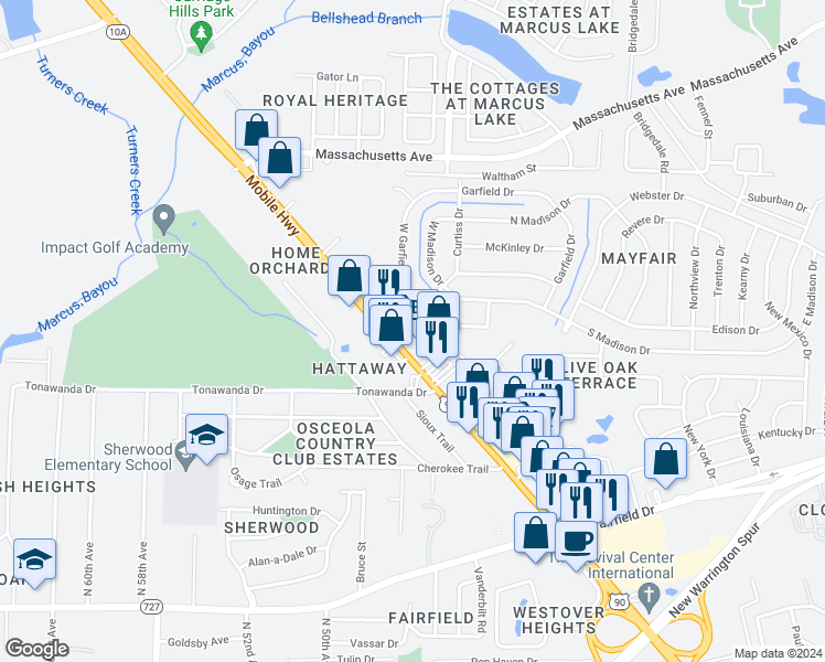 map of restaurants, bars, coffee shops, grocery stores, and more near 6 Edison Drive in Pensacola