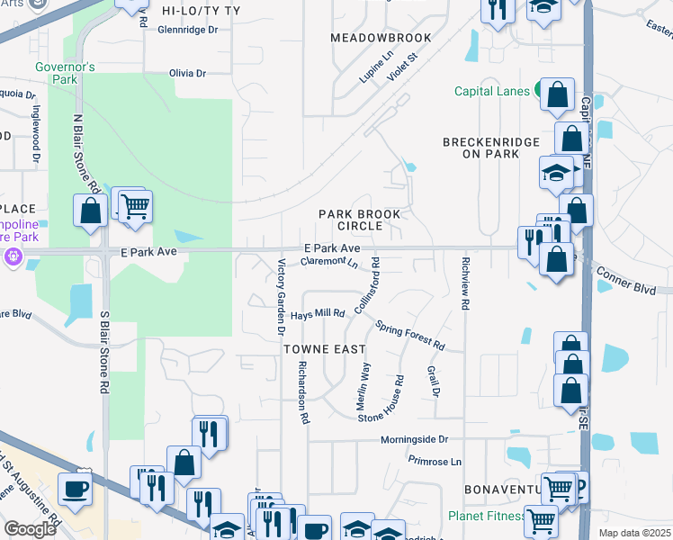 map of restaurants, bars, coffee shops, grocery stores, and more near 581 Chicopee Court in Tallahassee