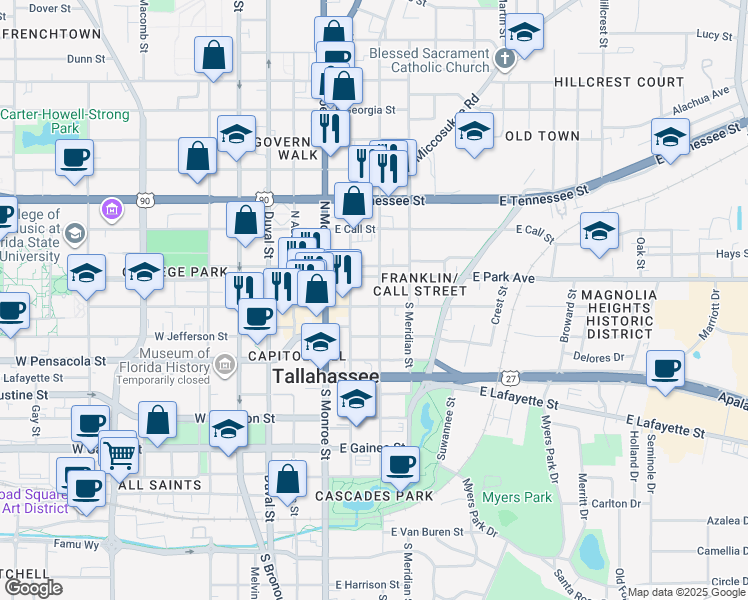map of restaurants, bars, coffee shops, grocery stores, and more near 306 East College Avenue in Tallahassee