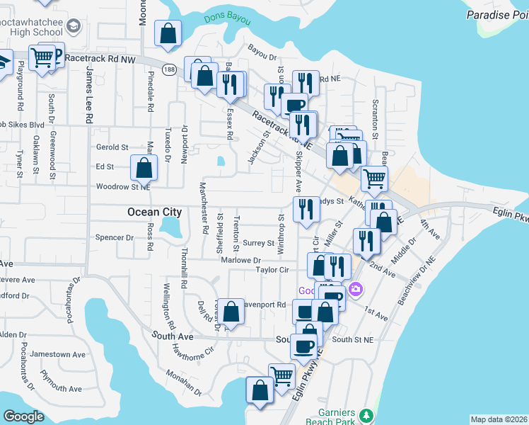 map of restaurants, bars, coffee shops, grocery stores, and more near 515 Newcastle Drive in Fort Walton Beach