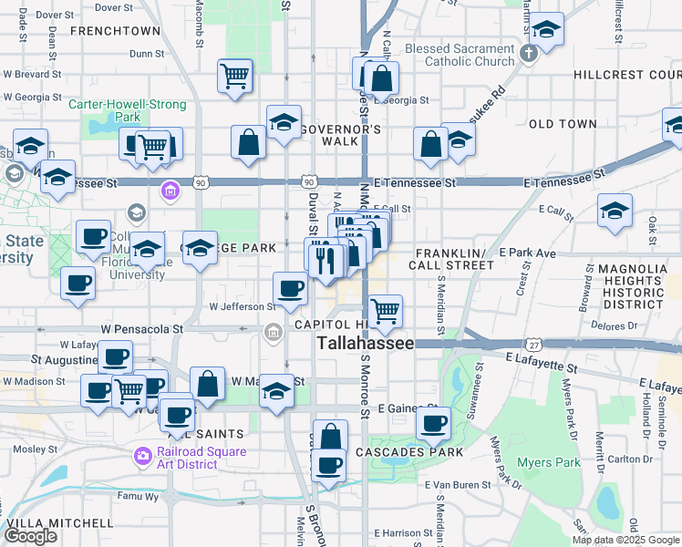 map of restaurants, bars, coffee shops, grocery stores, and more near 123 South Adams Street in Tallahassee