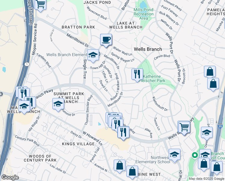 map of restaurants, bars, coffee shops, grocery stores, and more near 2328 Klattenhoff Drive in Austin