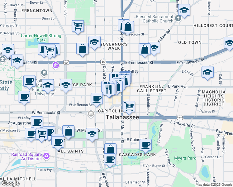 map of restaurants, bars, coffee shops, grocery stores, and more near 123 South Adams Street in Tallahassee