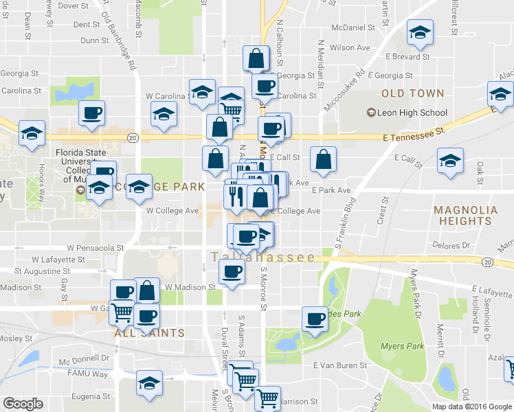 map of restaurants, bars, coffee shops, grocery stores, and more near 120 South Monroe Street in Tallahassee