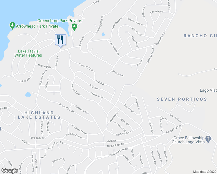 map of restaurants, bars, coffee shops, grocery stores, and more near 20713 North Ridge in Lago Vista