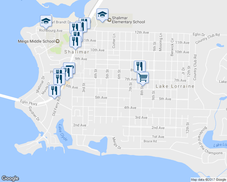 map of restaurants, bars, coffee shops, grocery stores, and more near 46 6th Avenue in Shalimar