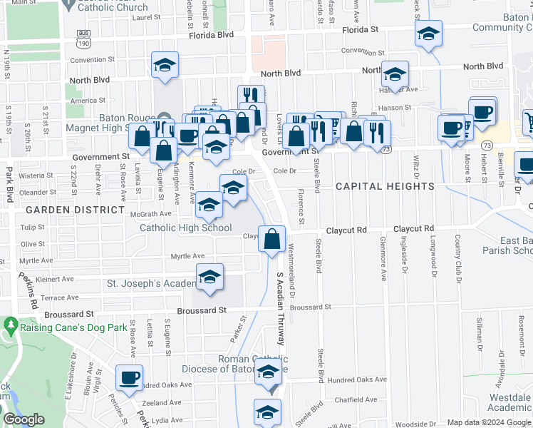 map of restaurants, bars, coffee shops, grocery stores, and more near 744D Marie Drive in Baton Rouge