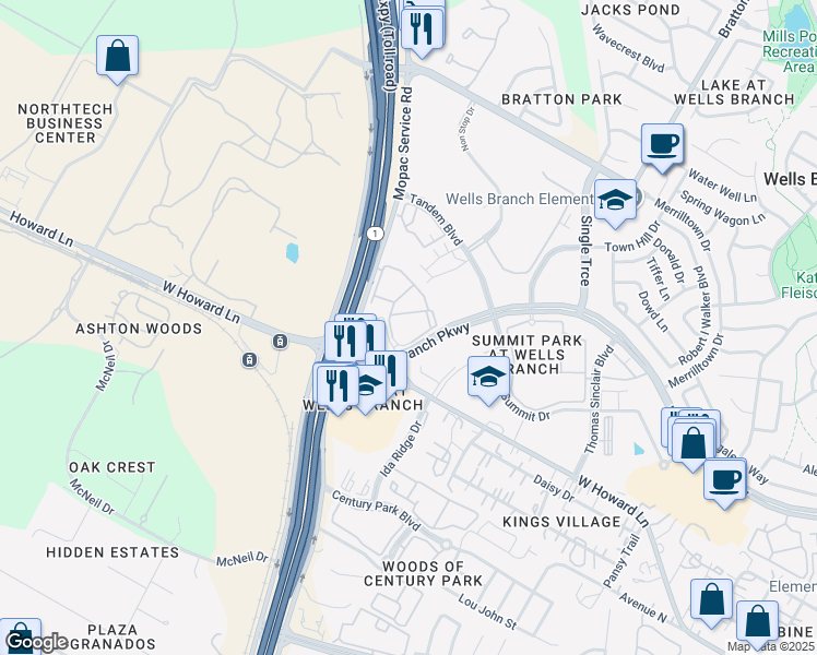 map of restaurants, bars, coffee shops, grocery stores, and more near 3300 Wells Branch Parkway in Austin