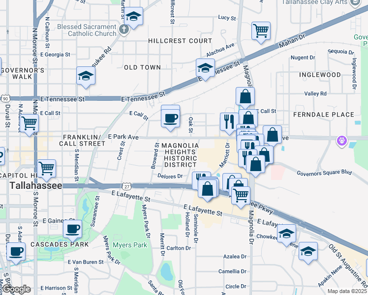 map of restaurants, bars, coffee shops, grocery stores, and more near 909 East Park Avenue in Tallahassee