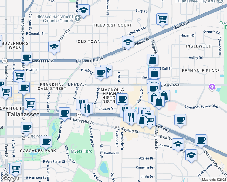 map of restaurants, bars, coffee shops, grocery stores, and more near 836 East College Avenue in Tallahassee