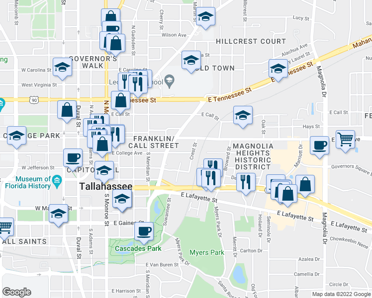 map of restaurants, bars, coffee shops, grocery stores, and more near 630 East College Avenue in Tallahassee
