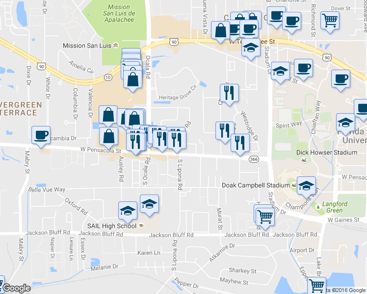 map of restaurants, bars, coffee shops, grocery stores, and more near 1857 Ivy Lane in Tallahassee