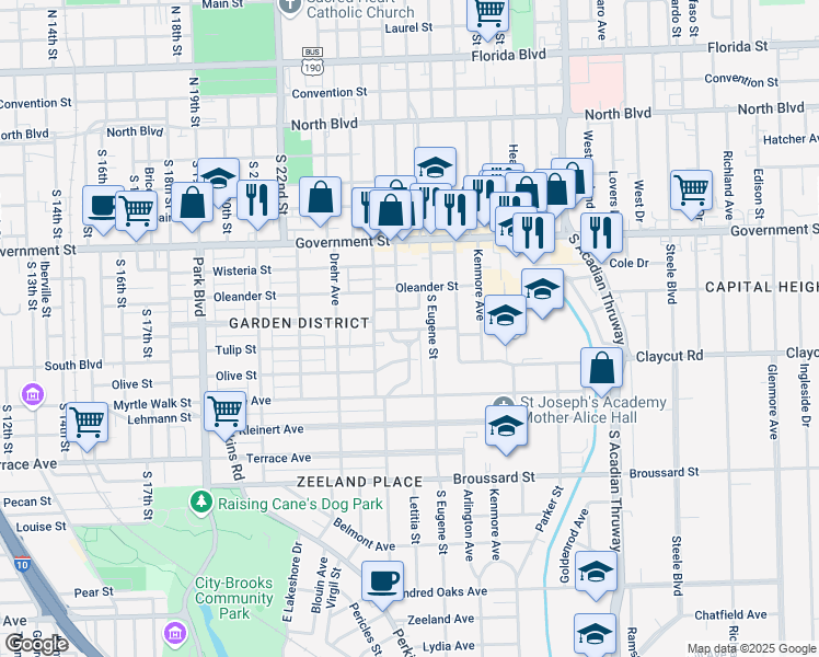 map of restaurants, bars, coffee shops, grocery stores, and more near 2621 McGrath Avenue in Baton Rouge