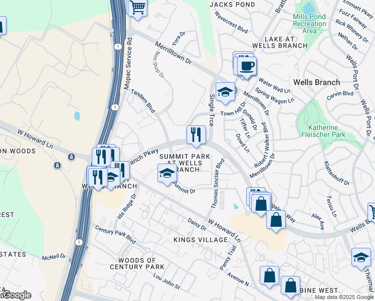 map of restaurants, bars, coffee shops, grocery stores, and more near 2801 Double File Trail in Austin