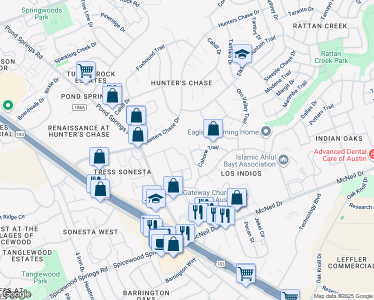 map of restaurants, bars, coffee shops, grocery stores, and more near 8105 Tuscarora Trail in Austin
