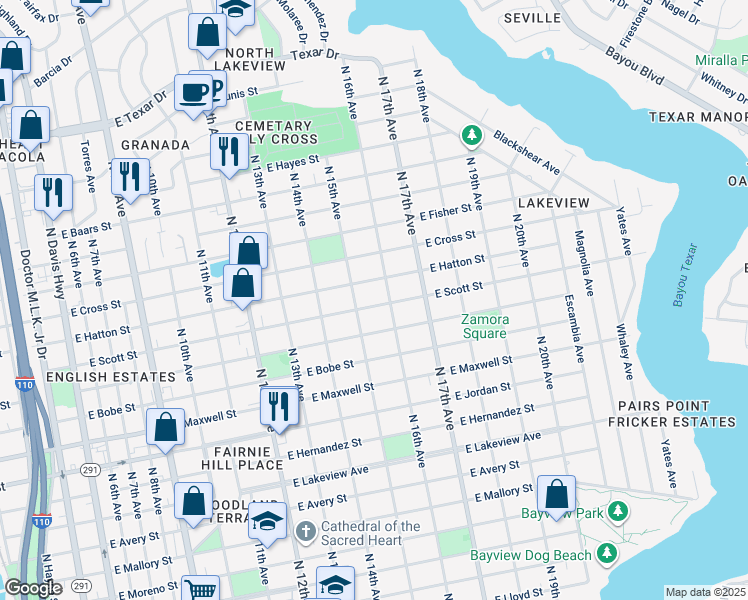 map of restaurants, bars, coffee shops, grocery stores, and more near 1518 East Scott Street in Pensacola