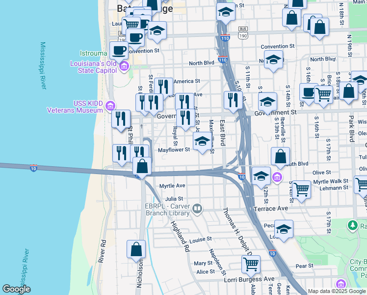 map of restaurants, bars, coffee shops, grocery stores, and more near 750 Napoleon Street in Baton Rouge